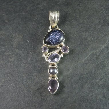 Estate Sterling Blue Goldstone Amethyst Pearl Pendant