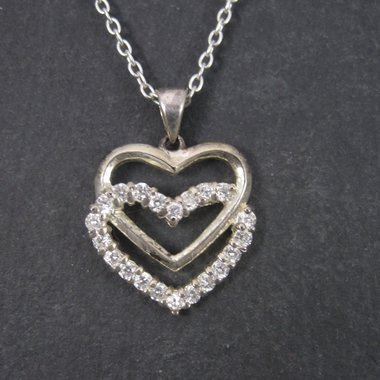 Vintage Sterling Heart Pendant Necklace Cubic Zirconia