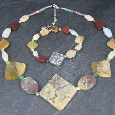 Vintage Jasper Agate Gemstone Necklace Bracelet Jewelry Set Desert Rose Trading