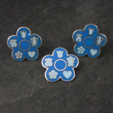 Vintage Sterling Blue Enamel Flower Pendant and Earrings Jewelry Set