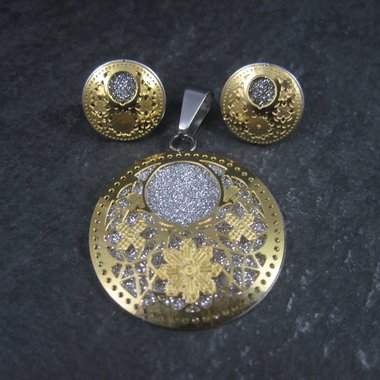 Estate Filigree Floral Pendant Earrings Jewelry Set Stainless Steel