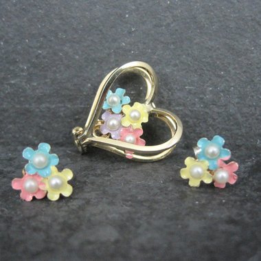 Vintage Enamel Flower Heart Earrings & Brooch Jewelry Set