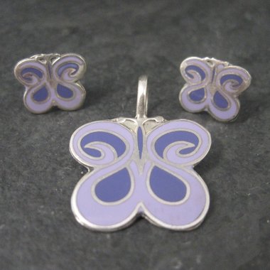 Vintage Sterling Purple Enamel Butterfly Pendant and Earrings Jewelry Set