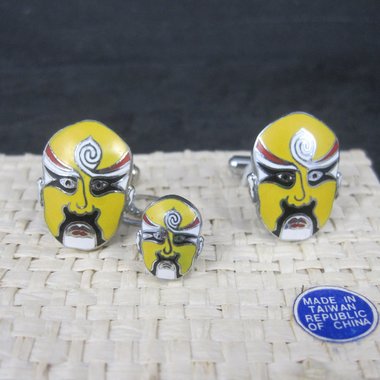 Vintage Enamel Kabuki Cufflinks and Tie Tack Set