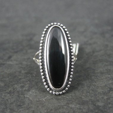 Vintage Rhodium Onyx Ring Size 6 Uncas