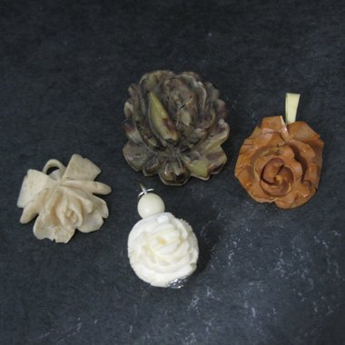 Lot of 4 Vintage Carved Flower Pendants Charms Brooch