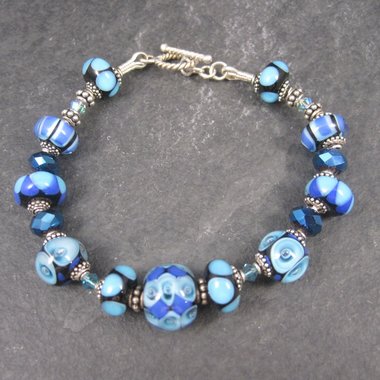 Handmade Blue Lampwork Art Glass Bead Bracelet 8 Inches