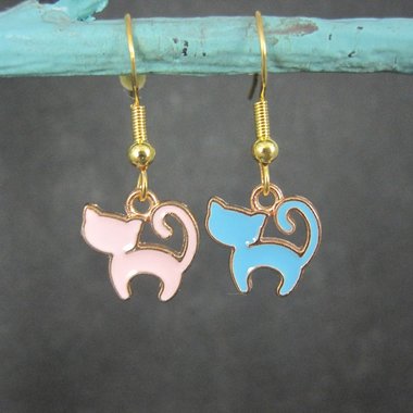 Blue & Pink Cat Earrings Vermeil sterling