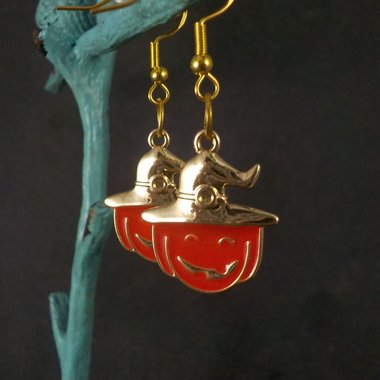 Halloween Pumpkin Witch Earrings Vermeil Sterling Enamel