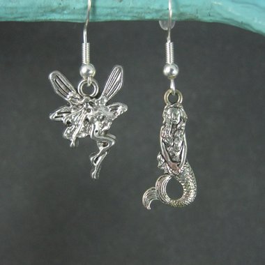 Asymmetrical Mermaid Fairy Earrings Sterling Silver Earwires