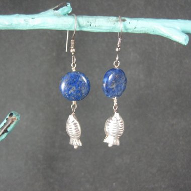 Sterling Lapis Lazuli Fish Earrings