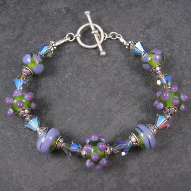 Art Glass Purple and Green Lampwork Toggle Bracelet 8 Inches