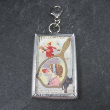 Vintage Halloween When Witches Go Riding Postcard Pendant Charm