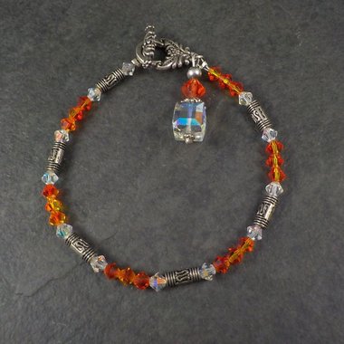 Sterling Orange Crystal Toggle Bracelet 7.25 Inches