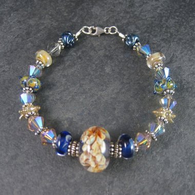 Handmade Blue Lampwork Art Glass Bead Bracelet 8 Inches
