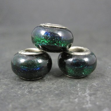 Lot of 3 Blue Green Black Art Glass Bead Charms Sterling Centers