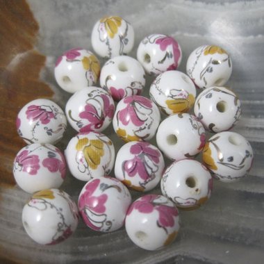 Lot of 19 Pink & Gold Floral Porcelain Beads 8mm