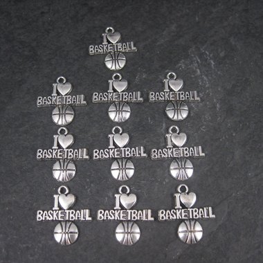 Lot of 10 I Love Basketball Charms Silver Plated