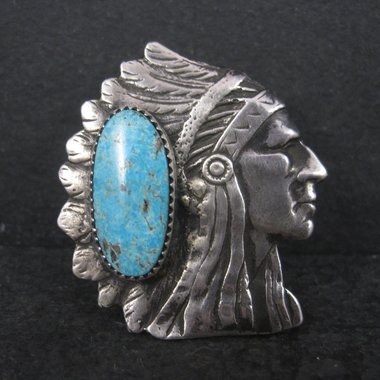 Huge Navajo Turquoise Chieftain Indian Head Ring Size 8
