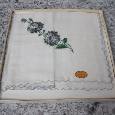 Vintage Swiss Embroidered Gray Flower handkerchief 15x15"
