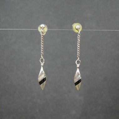 Long Dainty Onyx and Mother of Pearl Inlay Earrings Southwestern Sterling Silver