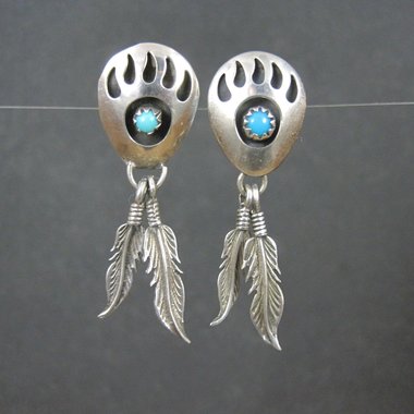 Sterling Turquoise Bear Paw Earrings Vintage Southwestern Native American Signed