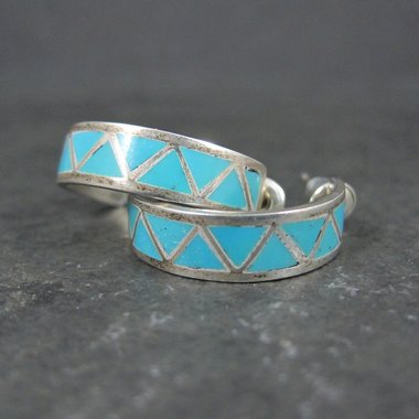 Vintage Sterling Silver Turquoise Inlay Half Hoop Earrings Southwestern