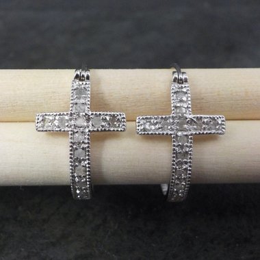 Sterling Silver Diamond Cross Earrings Latch Back Hoops