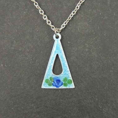 Vintage Blue Rose Guilloche Pendant Necklace New Old Stock