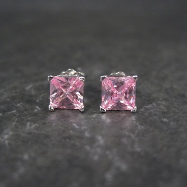 Princess Pink Cz Stud Earrings Sterling Silver NOS