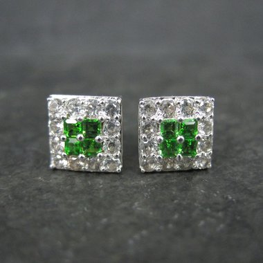 Chrome Diopside White Topaz Stud Earrings Estate Sterling Silver