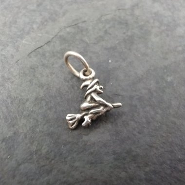 Tiny Flying Witch Charm Sterling Silver