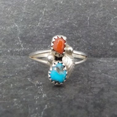 Dainty Turquoise and Coral Ring Size 7 Southwestern Sterling Silver