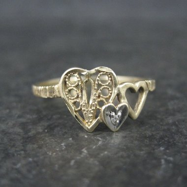 Dainty 10K Diamond Heart Ring Size 6 Yellow Gold Filigree