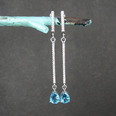 Long Blue Topaz Earrings Sterling Silver Latch Back