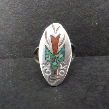 Peyote Bird Ring Size 3 Southwestern Sterling Silver Turquoise and Coral Chip Inlay