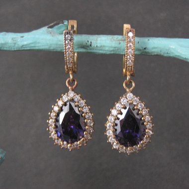 Vintage Purple Cz Earrings Sterling Silver and Bronze