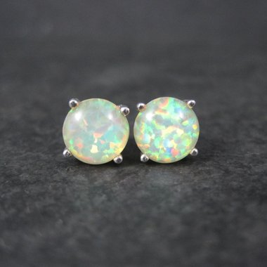 Estate Sterling Silver 8mm Opal Stud Earrings