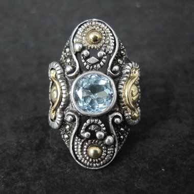 Ornate Estate Sterling 18K Blue Topaz Ring Size 7