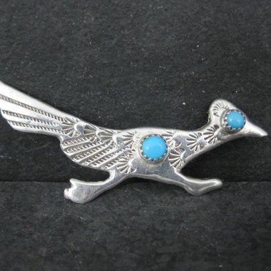 Vintage Sterling Native American Turquoise Roadrunner Brooch
