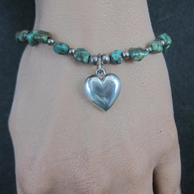 Green Turquoise Stretch Bracelet with Sterling Silver Heart Charm