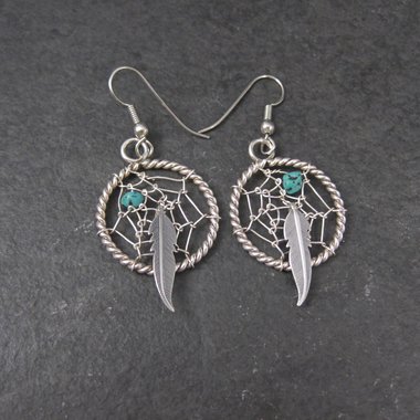 Southwestern Turquoise and Feather Dreamcatcher Earrings Sterling Silver