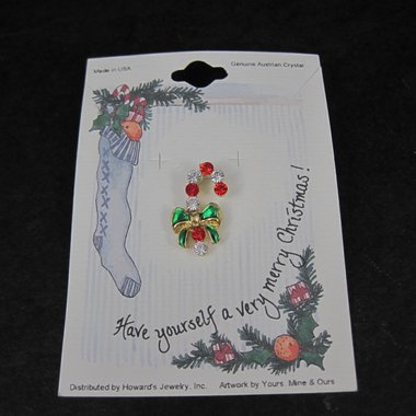 Vintage Crystal Enamel Candy Cane Pin New Old Stock