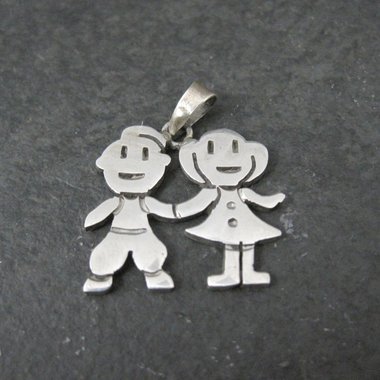 Sterling Boy & Girl Holding Hands Pendant Vintage Mexican Silver Children