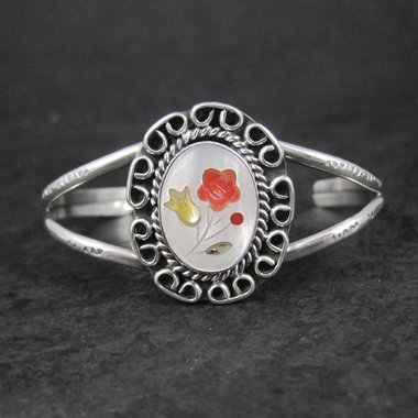 Southwestern Sterling Silver Inlaid Flower Cuff Bracelet 5.5 Inches