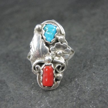 Southwestern Sterling Turquoise and Coral Ring Size 7 Navajo Cecil Sanders