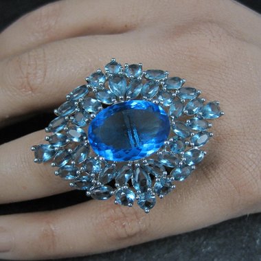 Huge Sterling Silver Blue Cz Cocktail Ring Size 6