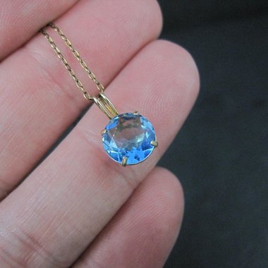 14K Blue Tourmaline Solitaire Pendant Necklace 2003 Vintage