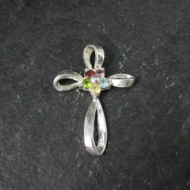 Simple Sterling Gemstone Cross Pendant Estate Silver