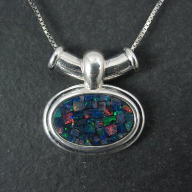 Sterling Mosaic Opal Inlay Pendant Necklace
